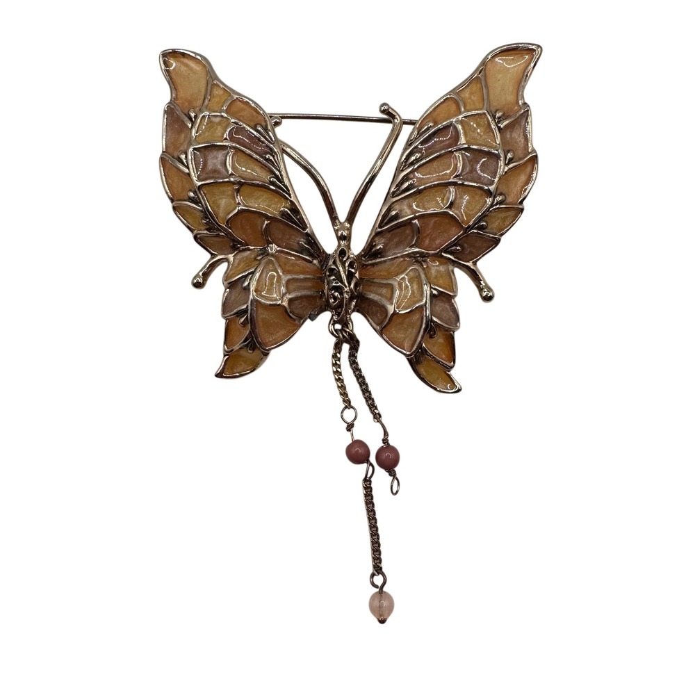 VTG Liz Claiborne Plique-a-Jour Butterfly Brooch Gold Amber Enamel Dangle Pin